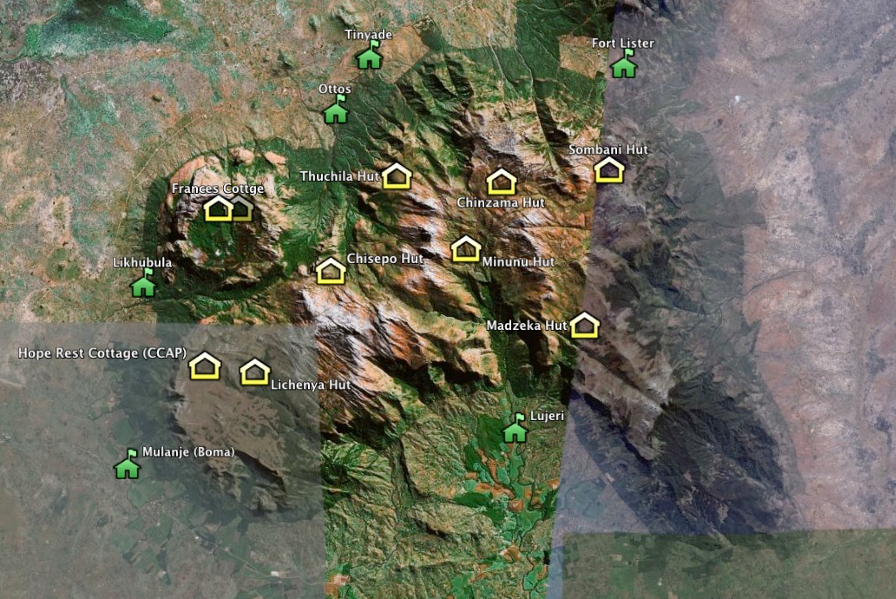 Map of Mulanje Huts and Peaks
